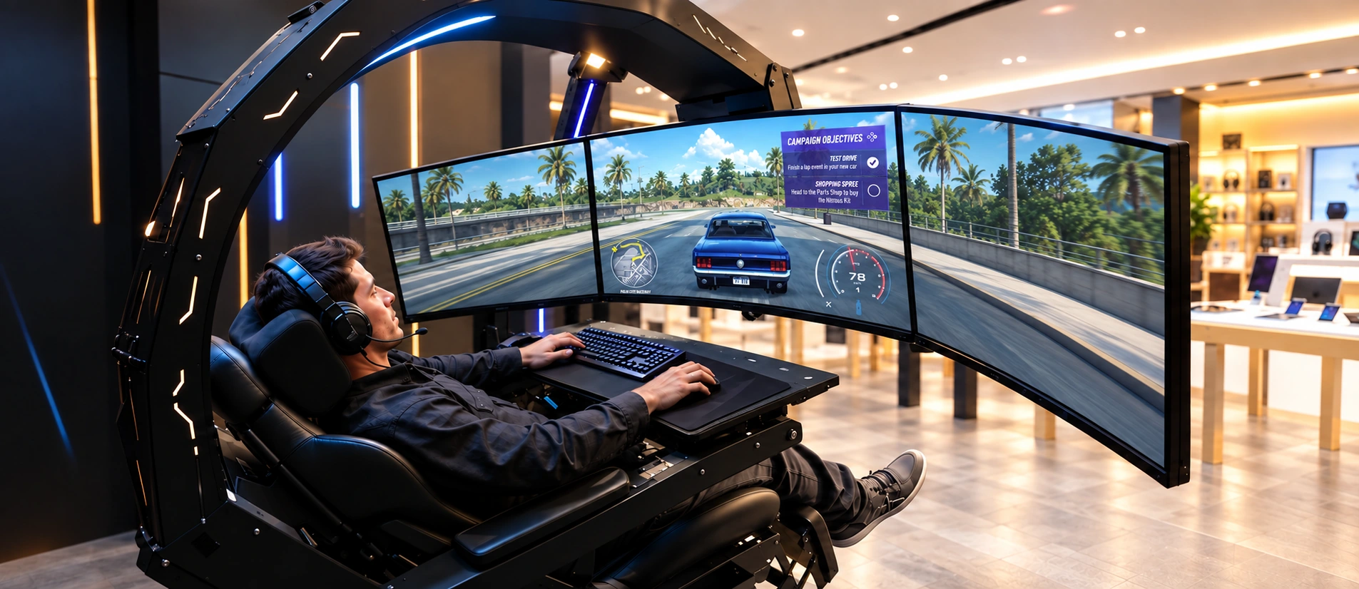 Ilustração realista de um jogador à esquerda usando teclado e mouse em um simulador com três monitores, com o HUD de Need for Speed Heat inteiro no monitor central